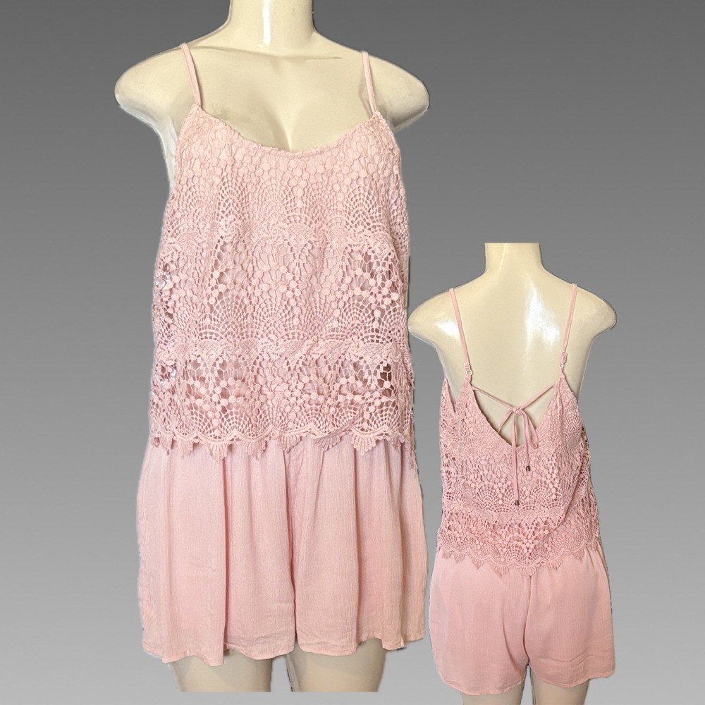 Shop The Trends L Pink Crochet Lace Romper Sleeveless Boho Adjustable Straps